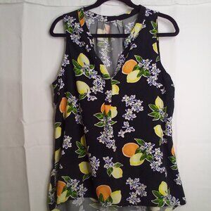 Crown & Ivy Blouse Shirt Women L Sleeveless Fruit Lemons Black